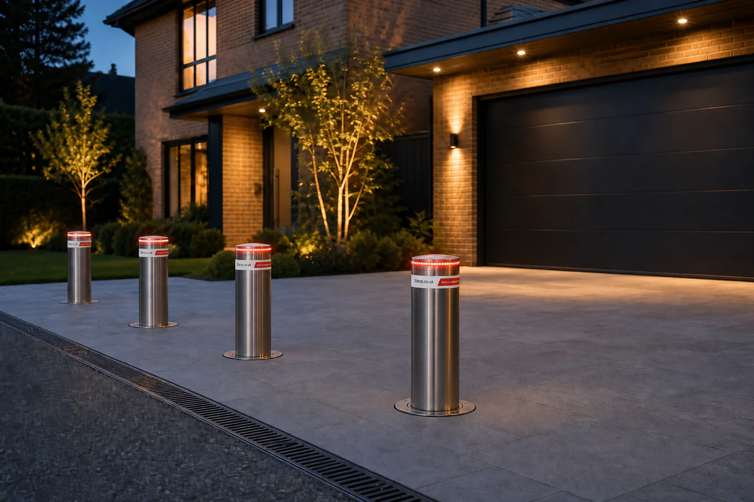 Four stainless steel electric bollards installed beside a driveway