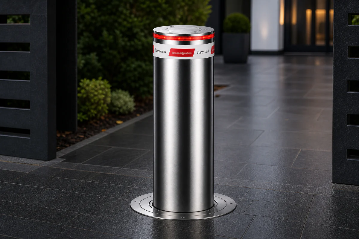 STARZO stainless-steel bollard installed at a driveway entrance