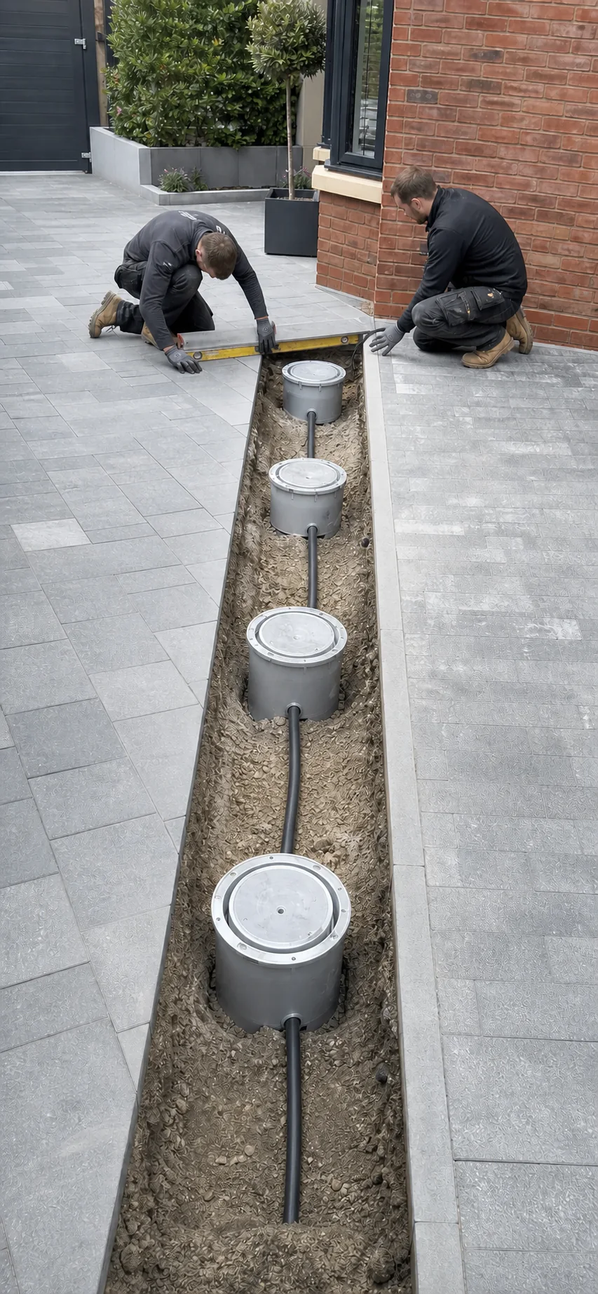 Four electric bollard housings connected by a single conduit route